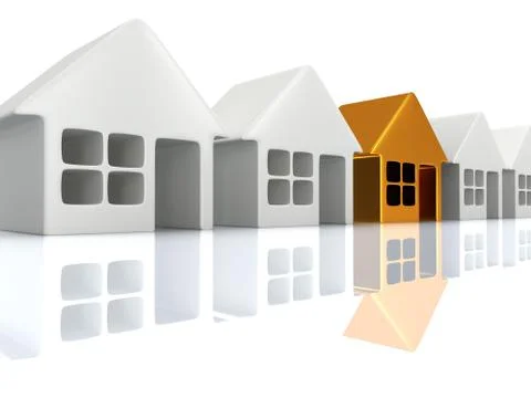 Row of houses with reflection. 3d render. Stock-Illustration