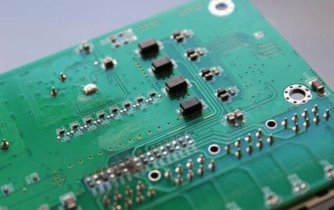 Row of identical microcontrollers soldered into an electronic board Stockfoto's