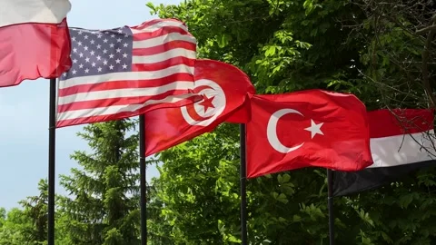 Row of international flags including USA, Poland, Turkey, Tunisia and Yemen wavi Stock Footage 335763984