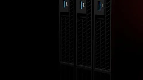Row of ISP server racks with orange reflections on black background Stock Illustration
