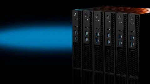 Row of ISP server towers with blue and orange spotlight on black Illustrazione stock