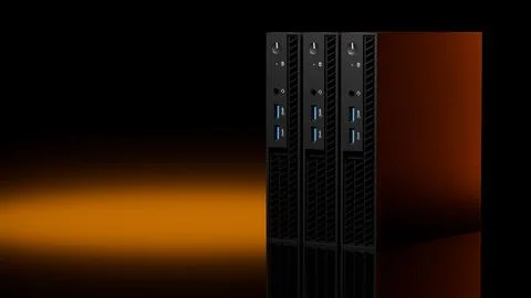 Row of ISP server towers with strong orange spotlight on black background Stock Illustration