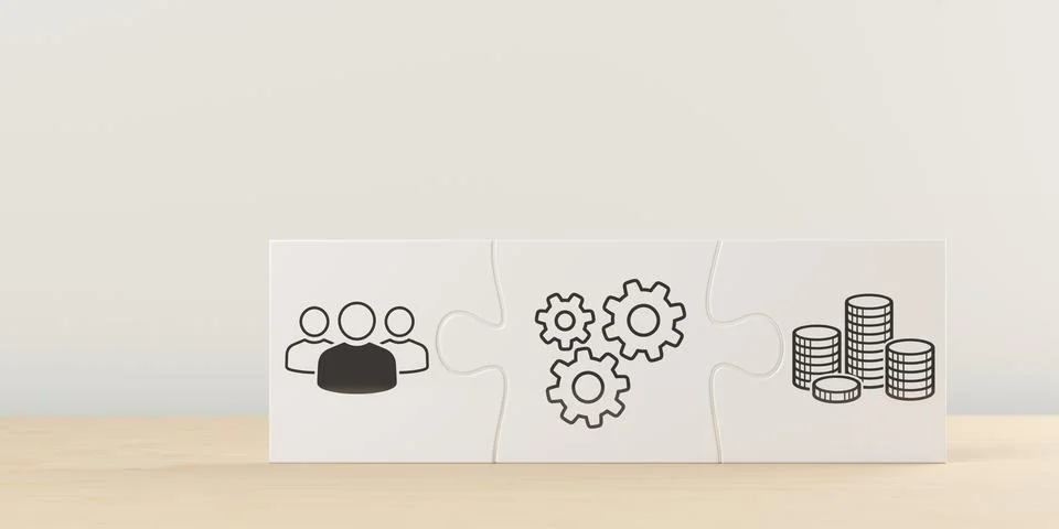 Row of jigsaw puzzelpieces with team, process and money icons on table in f.. Stock Illustration