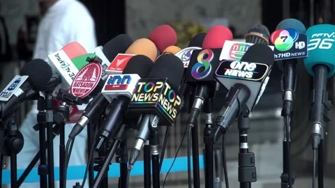 Row of Journalist mics during press conference Stock Footage 282693144