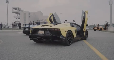 Row of Lamborghinis with doors up- Stock Footage 105122529