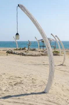 Row of lanterns hanging of whale bones stuck into sand at beach in Angola Stock Photos