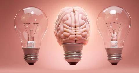 Row of light bulbs with glowing human brain. Concept of inspiritation, creati Stock Illustration