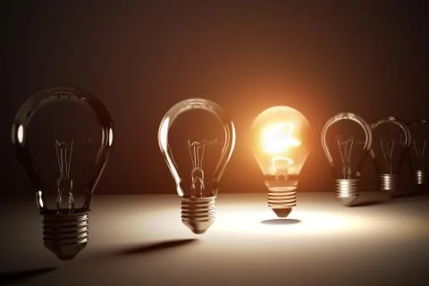A row of light bulbs. One is glowing. 3D rendered illustration. Stock Photos