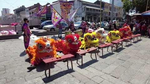 Row of lion dance action at floor after ... | Stock Video | Pond5
