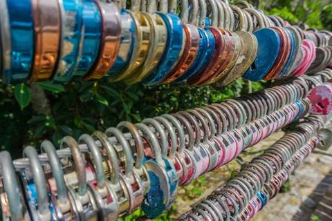 A row of love padlocks Stock Photos