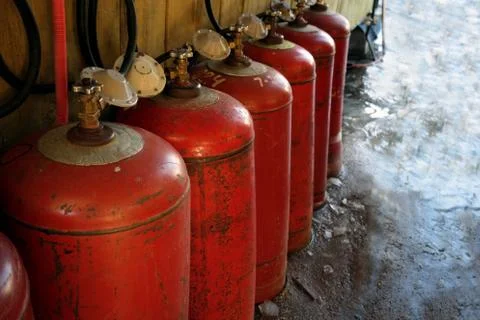 Row of LPG bottles 库存照片