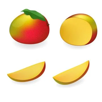 Row mangoes set, whole, half and sliced fruit. Stock Illustration