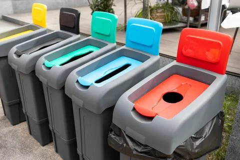 Row of many different multicolored plastic waste cans for garbage sorting and Stock Photos