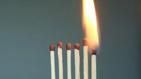 Row of matches standing vertically light up from match brought against dark back Stock Footage 247177401