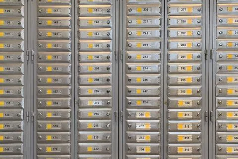 Row of metal mailboxes close up Foto stock
