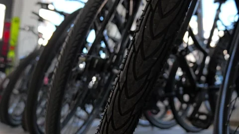 Row of Modern Bicycles Close Up Slow Motion View 库存影片 334326079