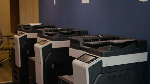 Row of Modern Multifunction Laser Printers in Office Video stock 333388198