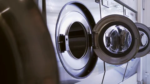 Row of modern washing machine in public laundry Stock-Footage 114273673