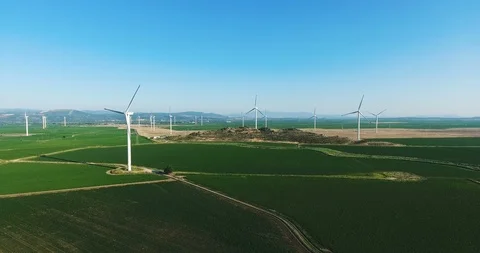 Row of modern wind turbines generating clean and renewable energy.4k Stock Footage 97103002