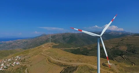 Row of modern wind turbines generating clean and renewable energy.4k Stock Footage 97103585