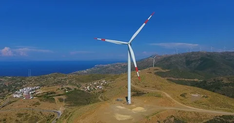Row of modern wind turbines generating clean and renewable energy.4k Stock Footage 97103786