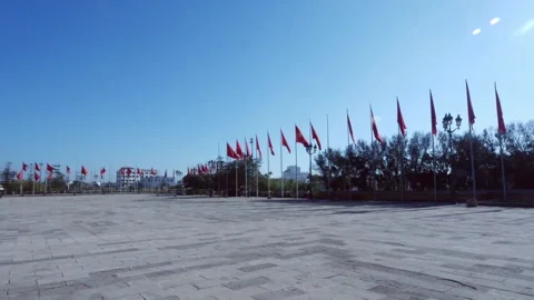 Row of Moroccan flags fluttering in Casablanca Stock Footage 258918581