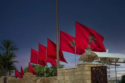 Row of Moroccan flags fluttering in Rabat, Morocco Stock Photos