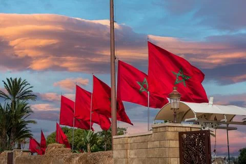Row of Moroccan flags fluttering in Rabat, Morocco Stock Photos