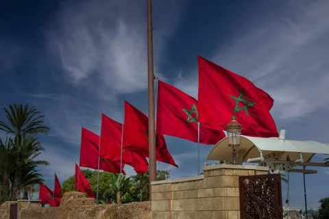 Row of Moroccan flags fluttering in Rabat, Morocco Stock Photos