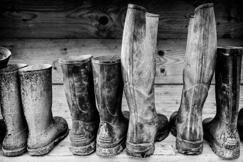 Row of muddy boots Foto stock