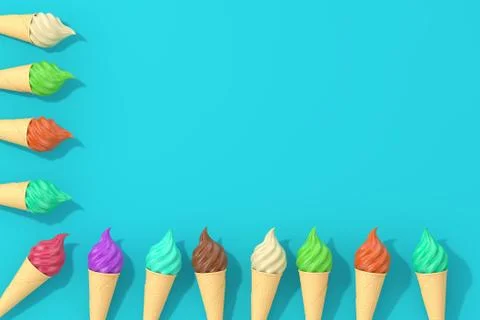 Row of Multicolour Soft Serve Ice Cream in Waffle Crispy Ice Cream Cone. 3d R Stock Illustration