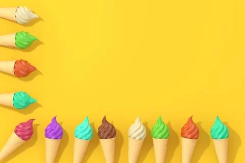 Row of Multicolour Soft Serve Ice Cream in Waffle Crispy Ice Cream Cone. 3d R Stock Illustration
