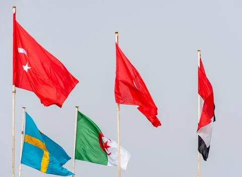A row of national flags of several countries waving against a clean blue sky. Stock Photos