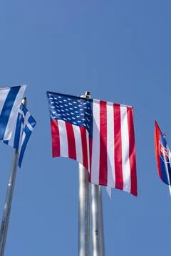 Row of national flags. World Flags Blowing In The Wind. 스톡 사진