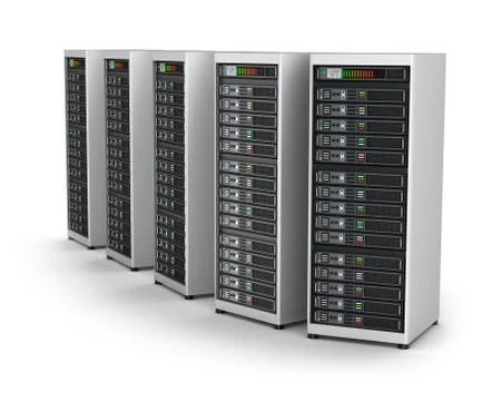 Row of network servers in data center isolated on white Illustrazione stock