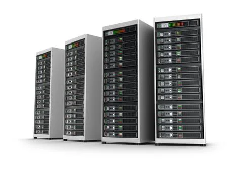 Row of network servers in data center isolated on white background Stock Illustration