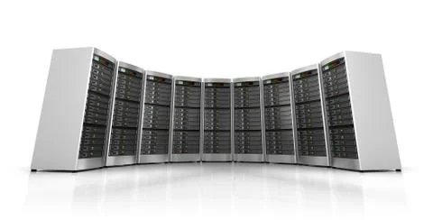 Row of network servers in data center isolated on white background Illustrazione stock