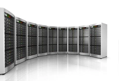 Row of network servers in data center isolated on white background Stock Illustration