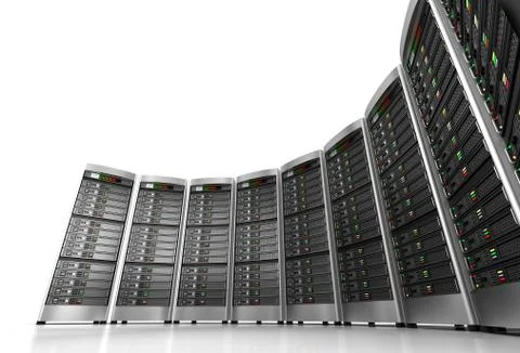 Row of network servers in data center isolated on white background Illustrazione stock