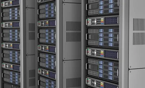 Row of network servers in data center isolated on white background . 3D ill.. Stock Illustration
