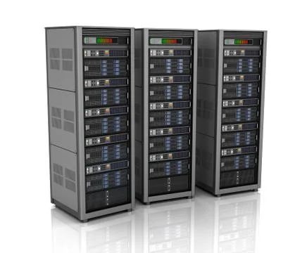 Row of network servers in data center isolated on white background . 3D ill.. Illustrazione stock