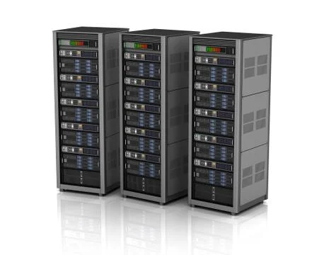 Row of network servers in data center isolated on white background . 3D ill.. Illustrazione stock