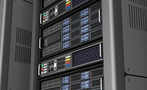 Row of network servers in data center isolated on white background . 3D ill.. Stock-Illustration