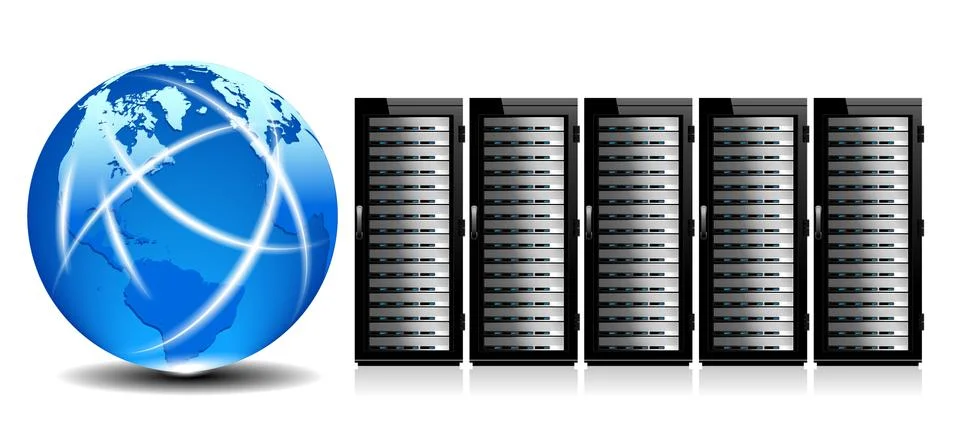 Row of Network Servers with Globe - Elements of this image furnished by NASA Stock Illustration