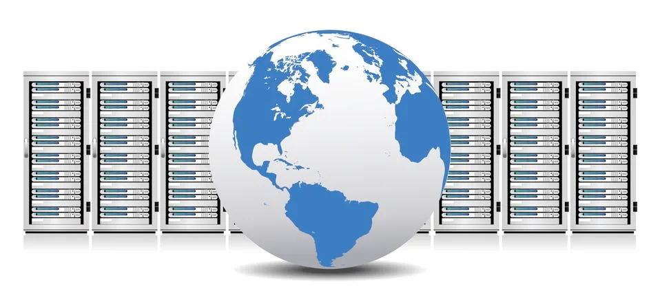 Row of Network Servers with Globe Stock Illustration