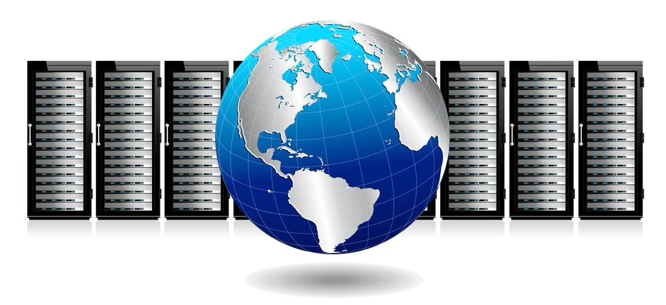 Row of Network Servers with Globe Stock Illustration