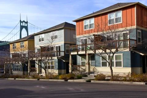 Row of new duplexes homes in st john oregon. Stock Photos