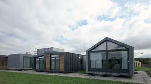 Row of new tiny houses in Almere, The Netherlands Stock Footage 288005128