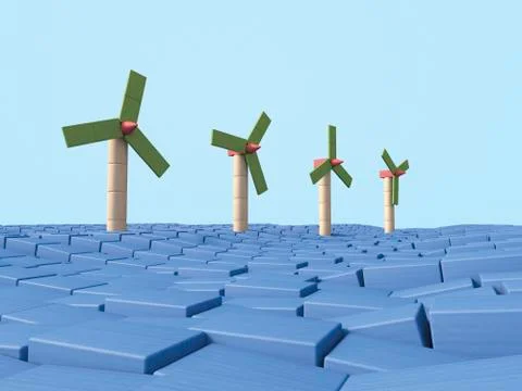 Row of Offshore wind wheels made of building bricks, 3D Rendering Fotos de archivo
