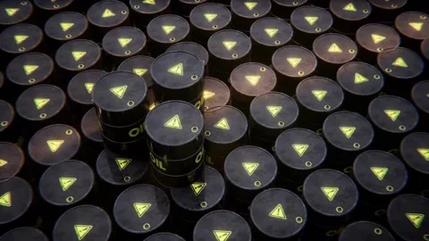 A row of oil barrels in the background. 3D animation of storage and production. Vidéo 334030868